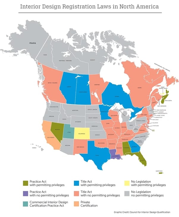 Infographic Map showing specific interior design registrations laws in North America